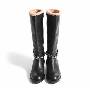 Marino Fabian made in italy black leather knee high boots pink fur trim